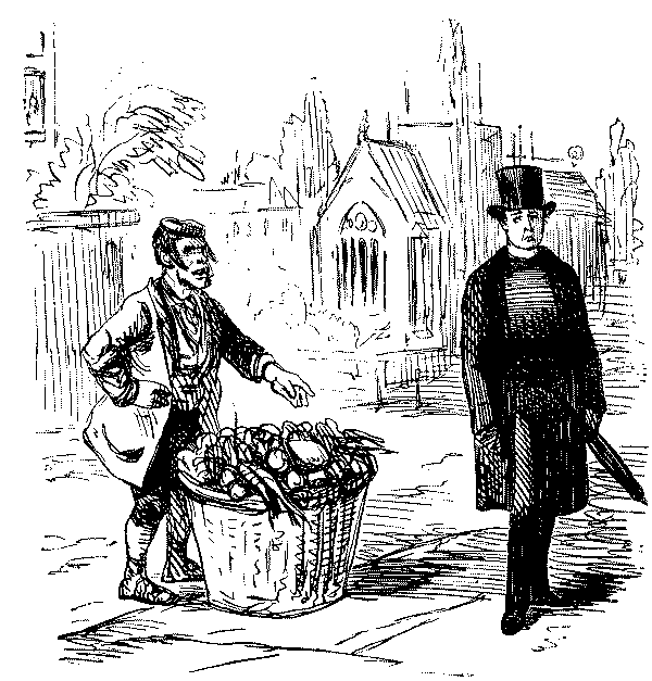 Costermonger with heavy basket asking for help from  gent.