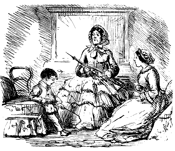 Boy inconvrersation with his mother in the presence of Miss Grumph.