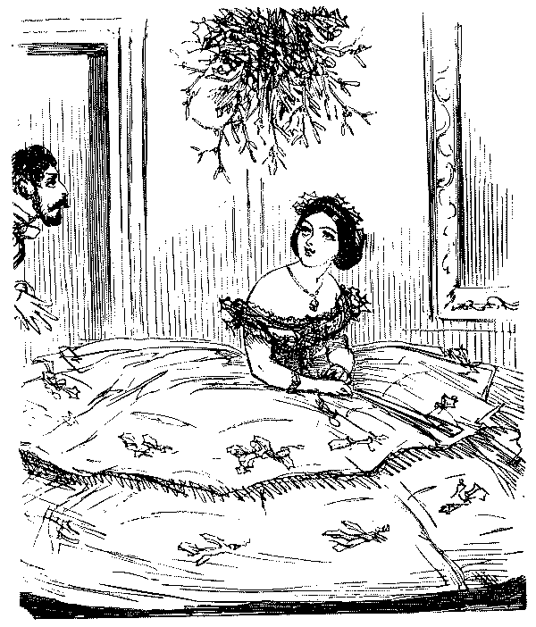 Lady in wide crinoline under mistletoe.
