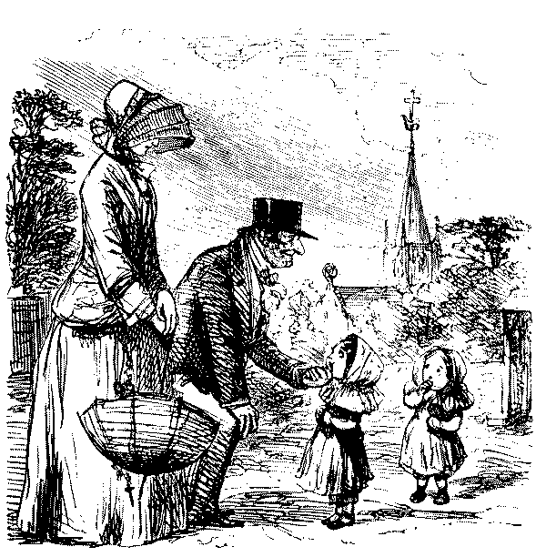 Elderly man talking to small children.