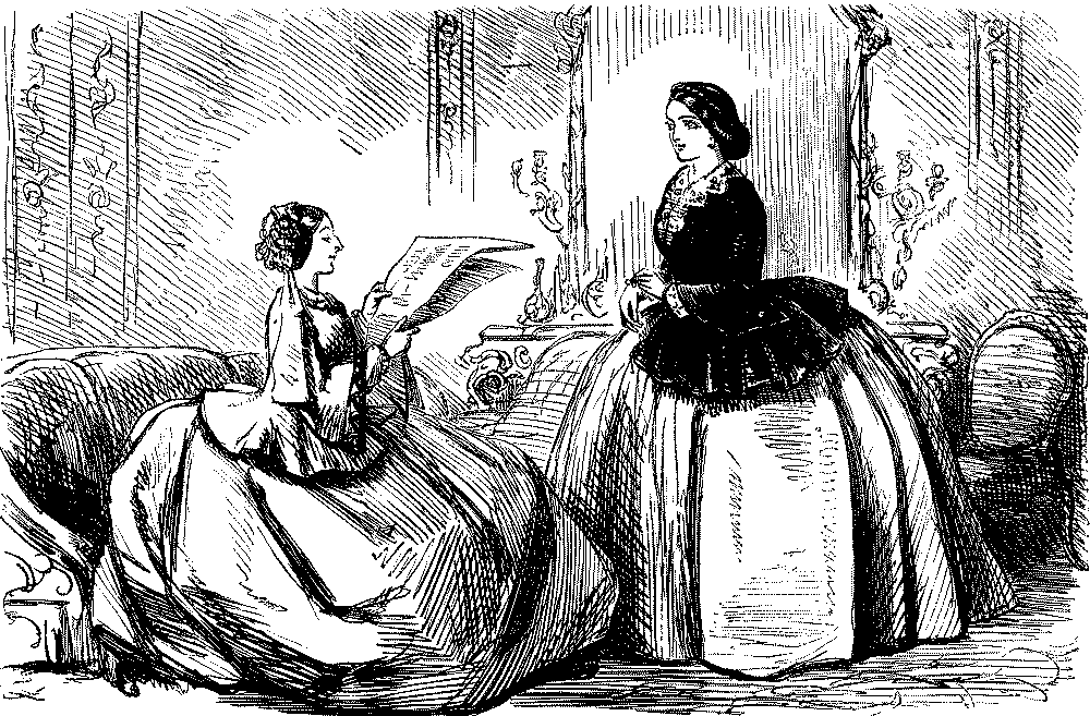 Two ladies in crinolines talking.