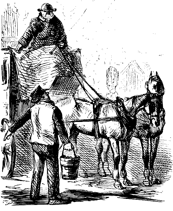 Horse bus driver talking to pedestrian.