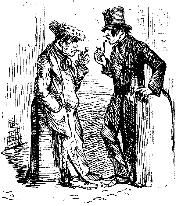 Two disreputable looking men talking.