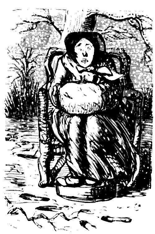 Seated figure with muff in snowstorm.