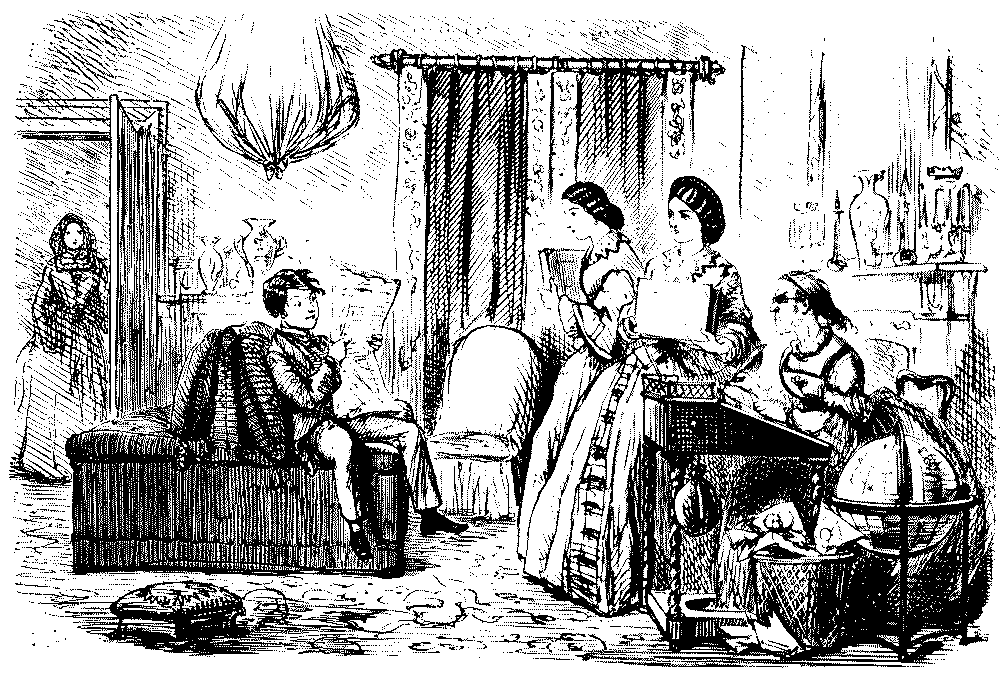 Boy speaking to three women.