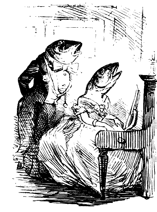 Two fishlike persons singing at a piano.