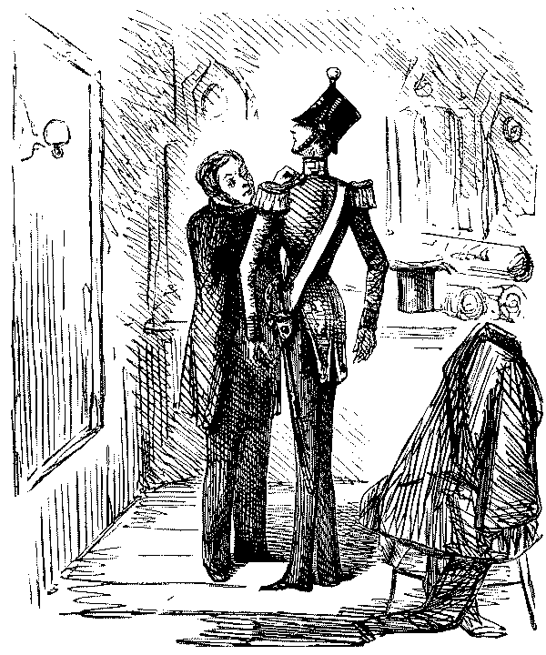 Tailor fitting uniform on soldier.