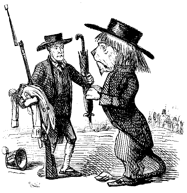 Cartoon, man taking weapon from lion