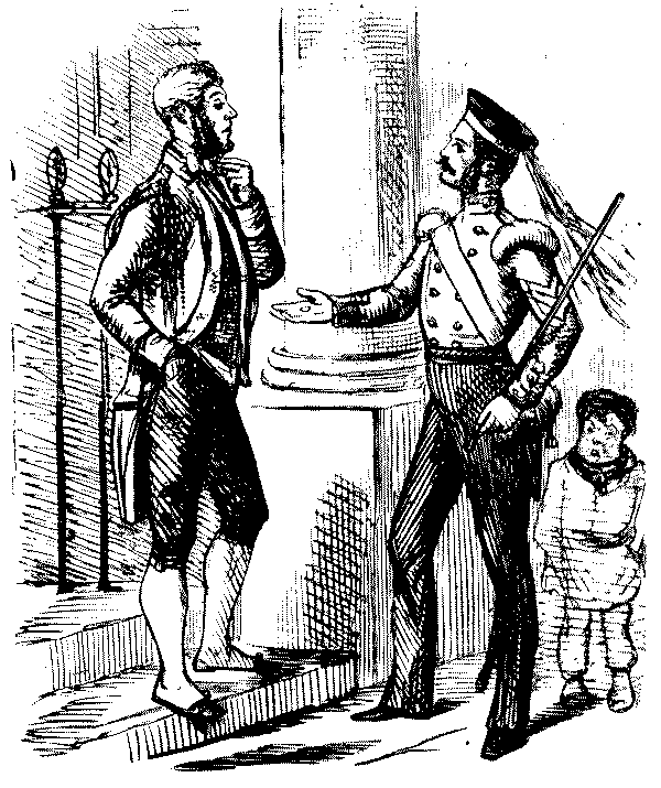 Recruiting sergeant talking to liveried servant.