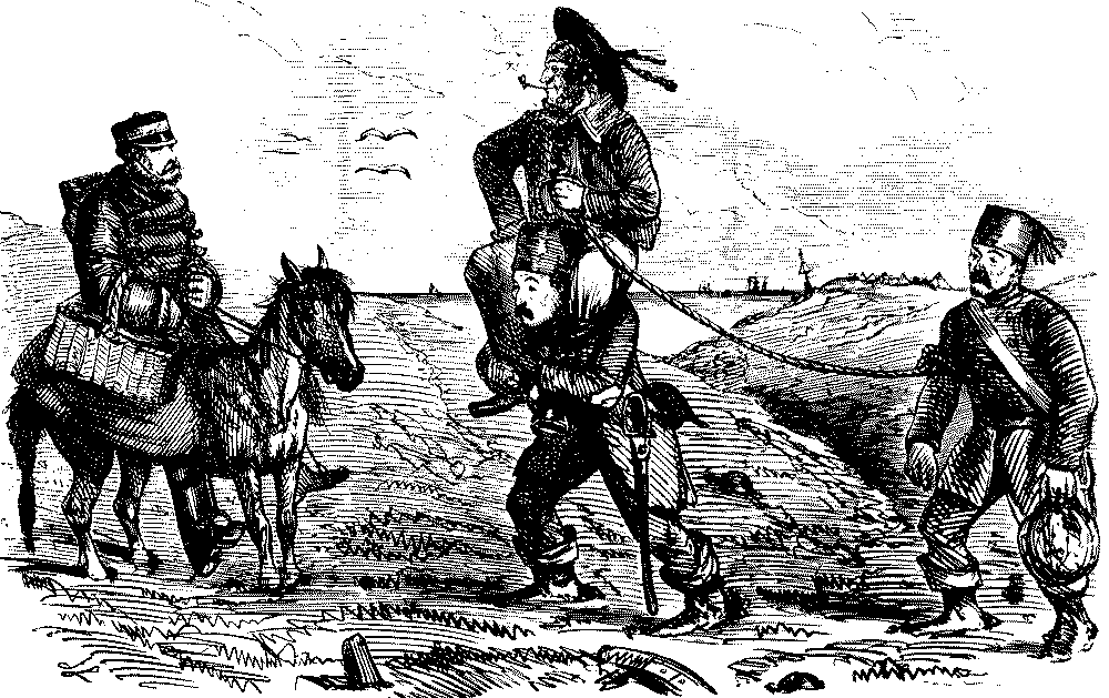 Soldier sitting on the shoulders of a captive.