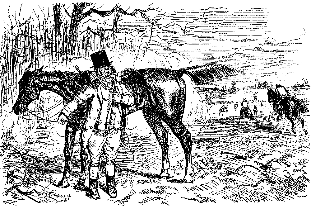 Man standing by exhausted horse.