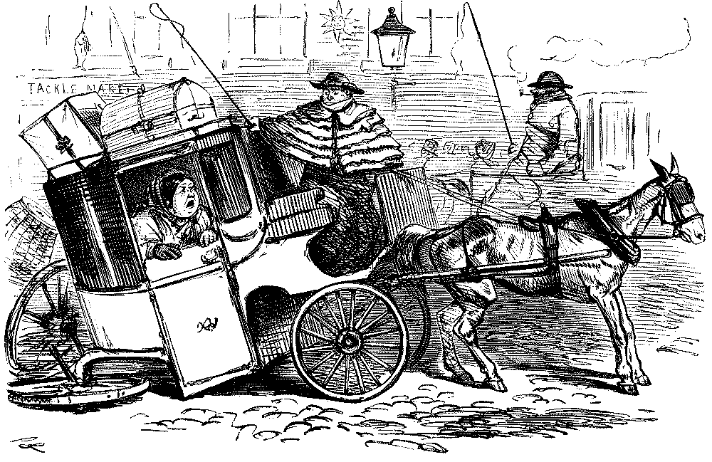 Collapsed carriage with portly passenger.
