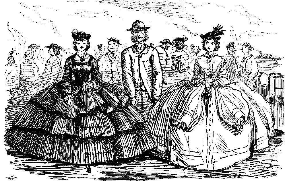 Man standing between two crinolined ladies.