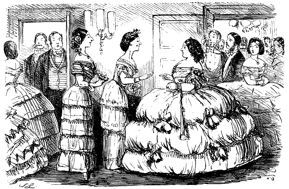Sisters wearing plain dresses, all others in crinolines.