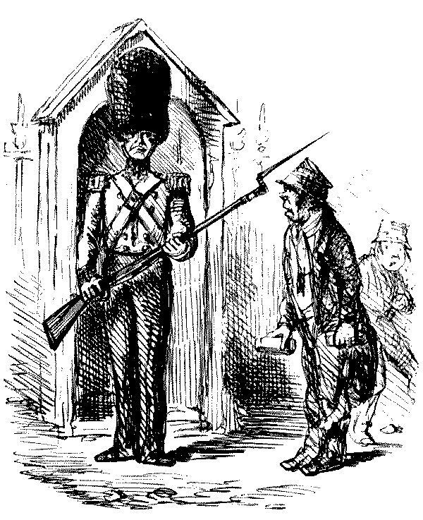 Man talking to soldier on sentry duty.