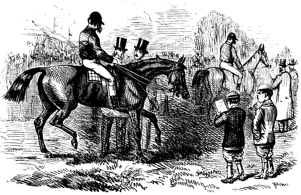 Boys surveying horse riders.