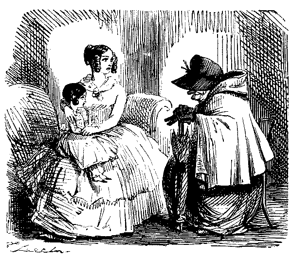 Old crone speaking to mother holding a child.