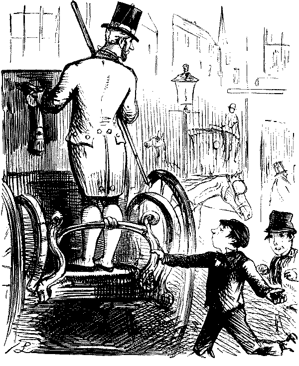 Boy talking to person riding on rear of a carriage.