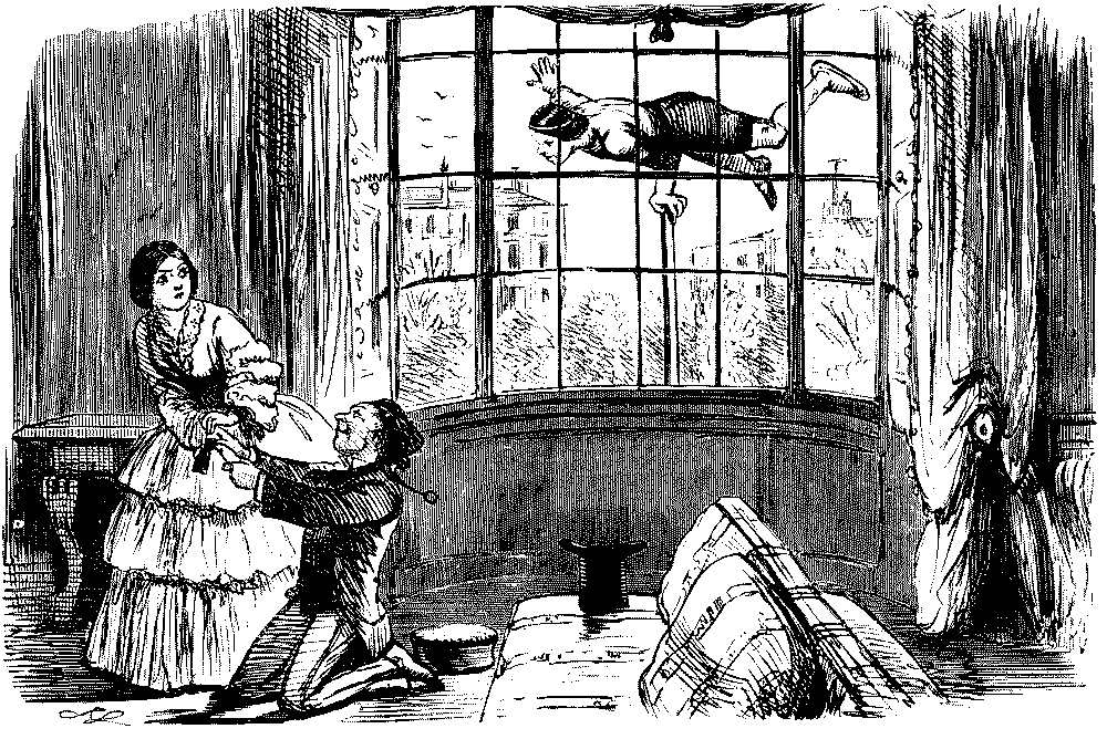 Acrobat viewing scene through a window