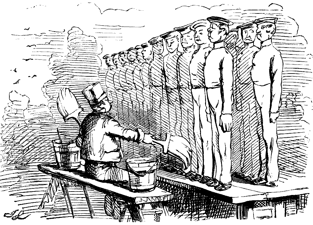 Man whitewashing the legs of a line of troops.
