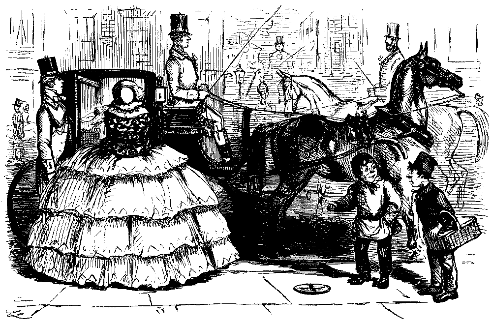Lady  in crinoline trying to board a carriage with a narrow door.