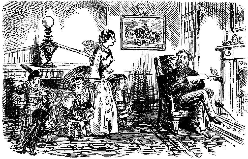 Man reading, and sister with small children.