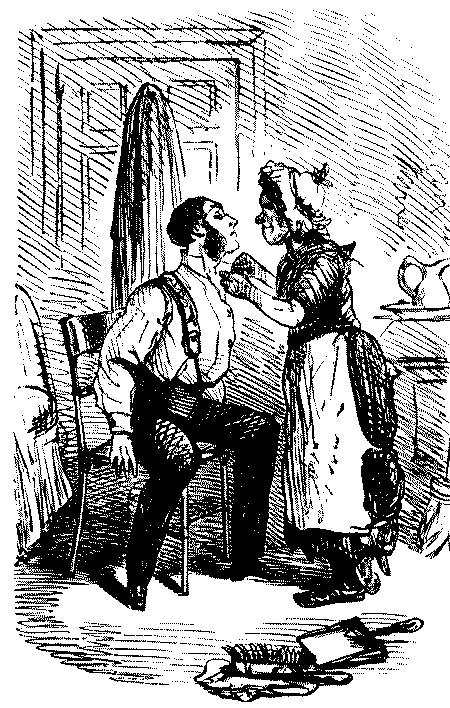 Man having his necktie tied by his housemaid.