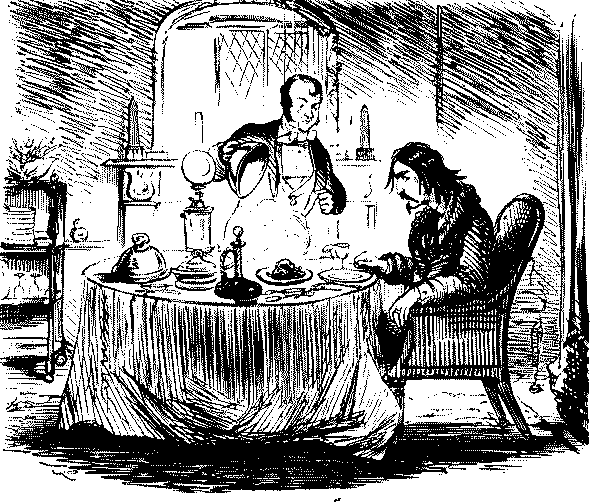 Master at table with servant waiting on.