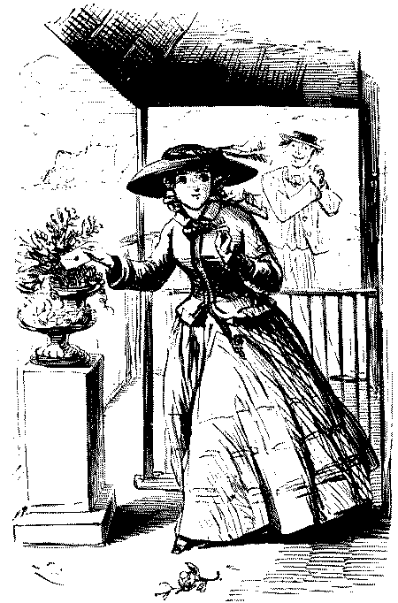 Lady slipping a note into a vase of flowers.