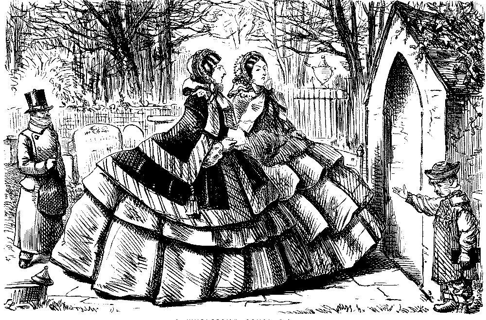 Ladies in crinoline dresses facing a narrow door.