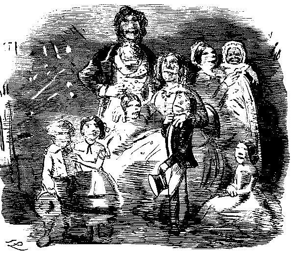 Man and wife with seven children, but picture blurred.