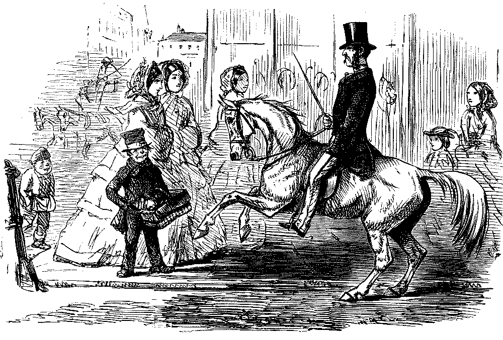 Boy, speaking to man on horse.
