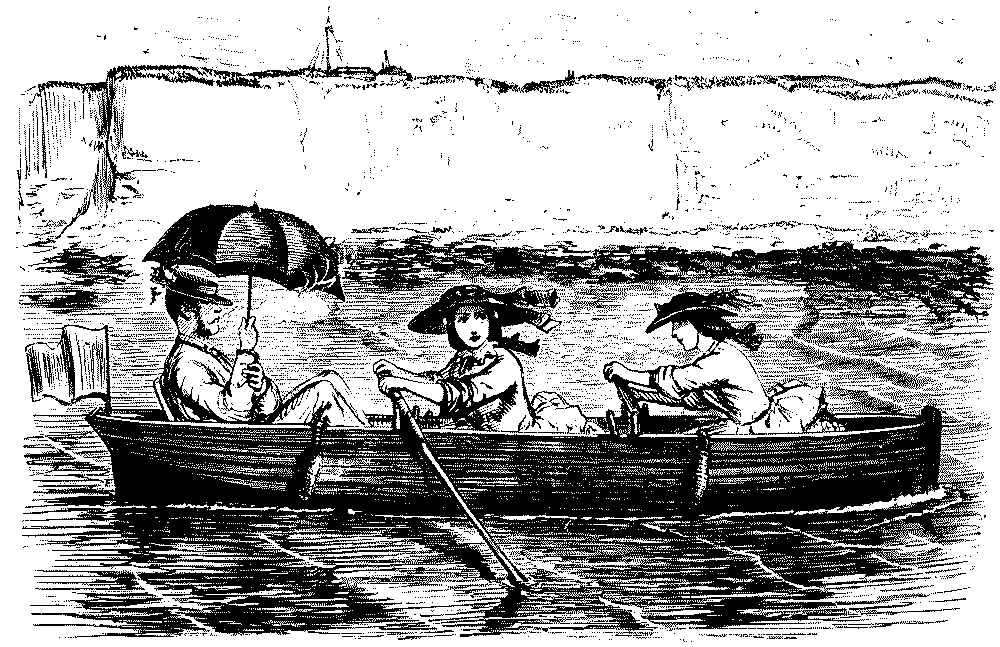 Man, with umbrella, being rowed in a boat by two girls.