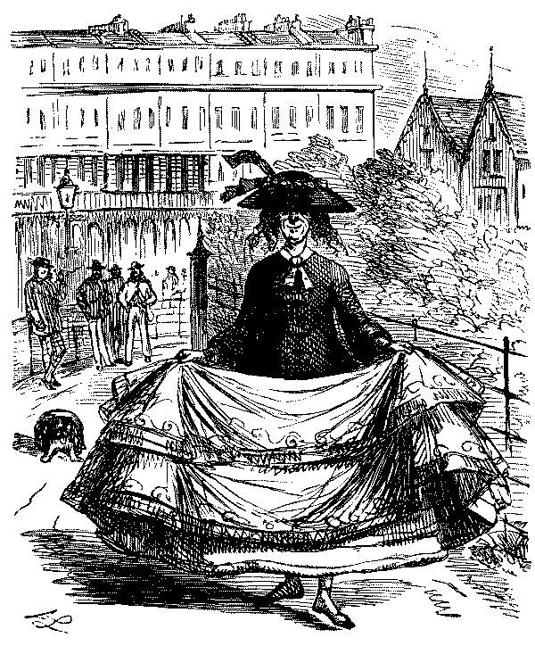 Elderly female with wide skirt and wearing a hat.
