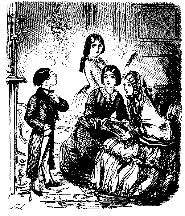 Man talkiong to two female cousins.