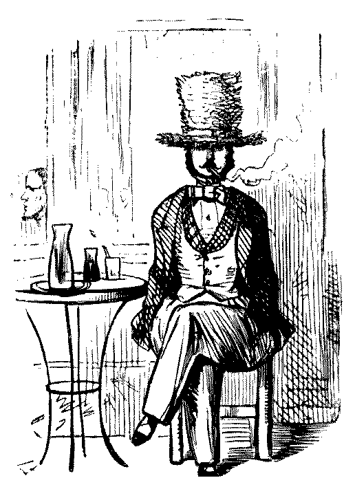 Man with tall hat sitting and smoking.