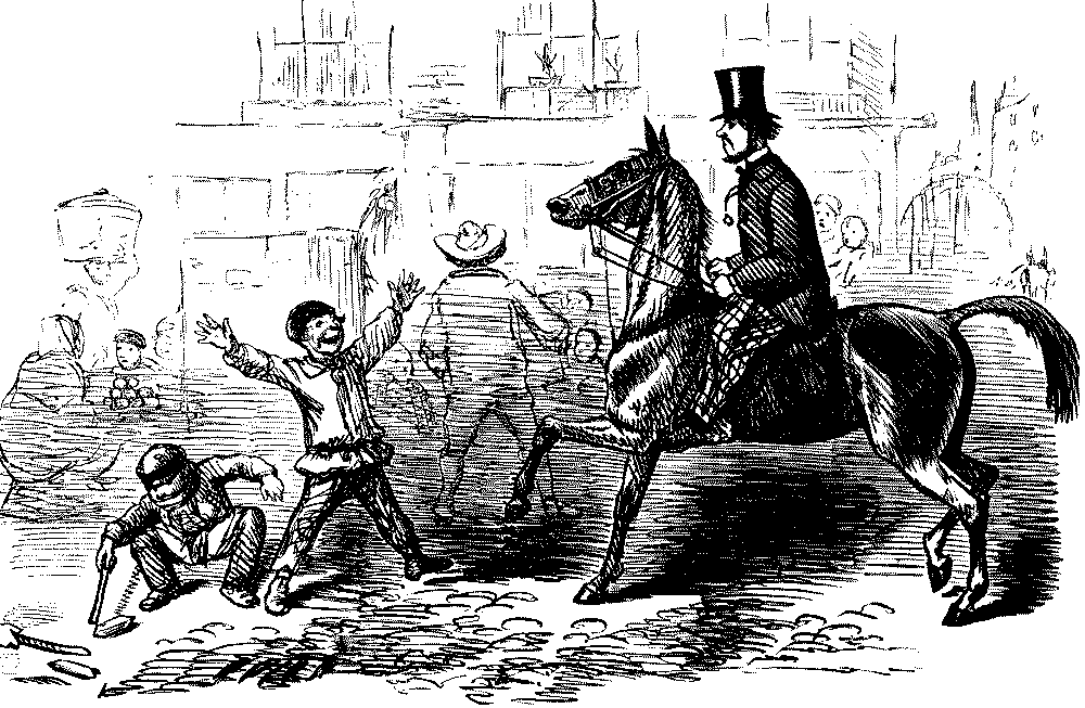 Urchin goading  man on horse.