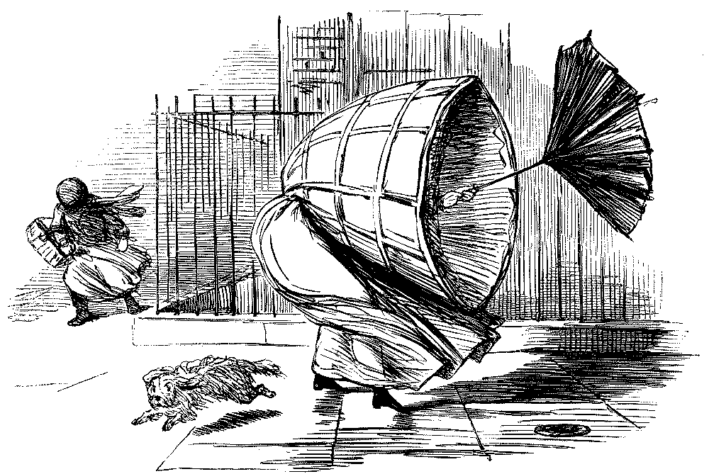 Lady with crinoline blown over her head in high wind.