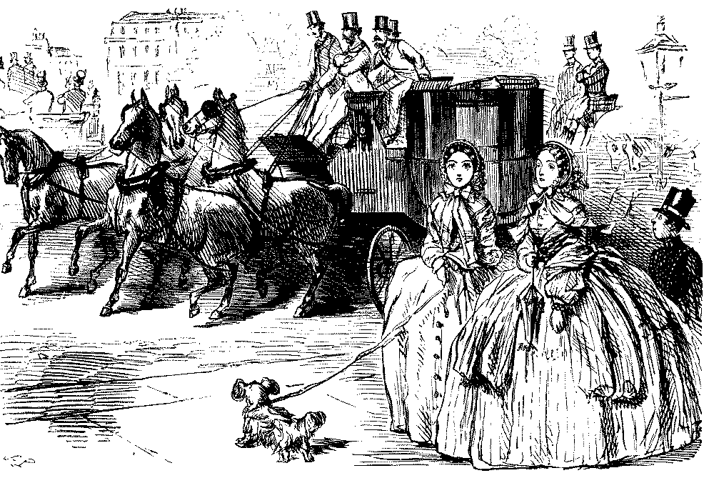 Two ladies talking near a carriage.
