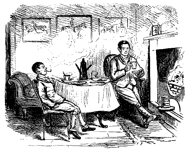 Grooms taking a liesurely breakfast.
