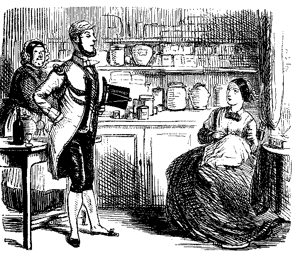 Manservant speaking to housemaid.