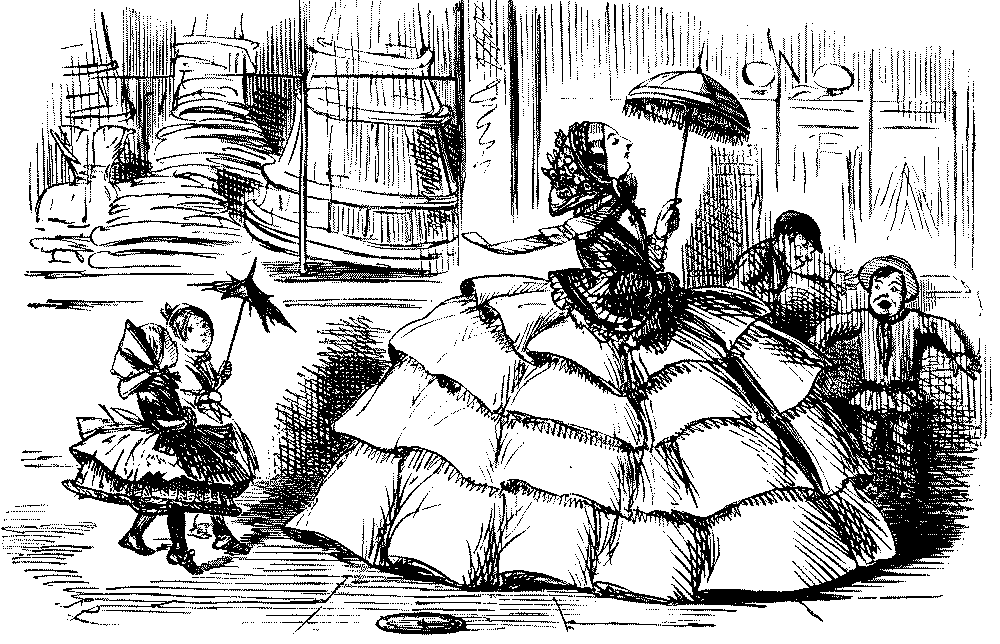 Children following lady wearing a crinoline.