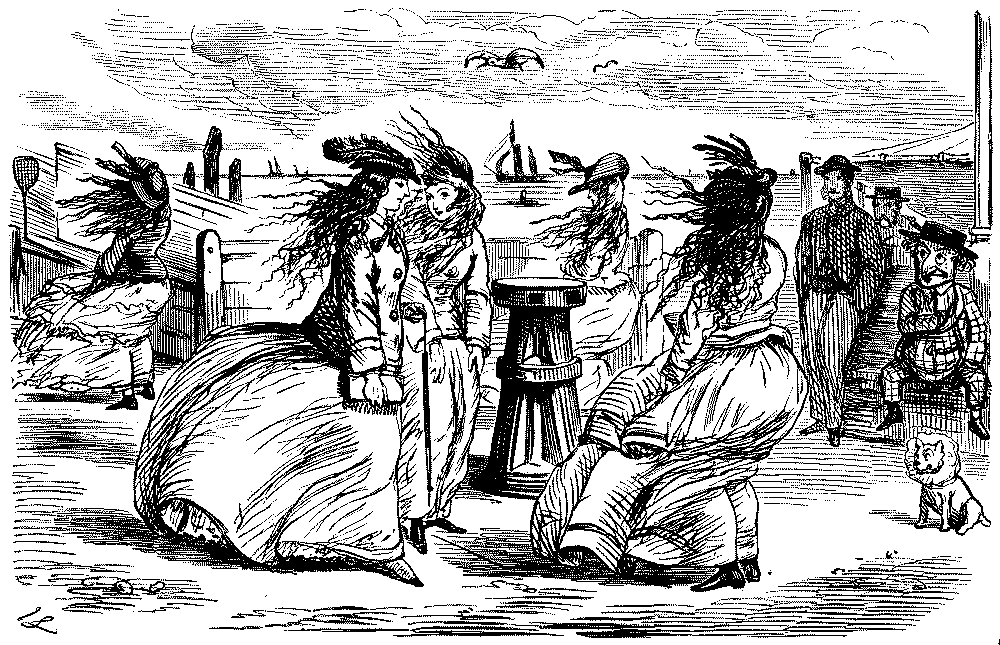 A group of attractive young ladies, with hair blowing in the wind.