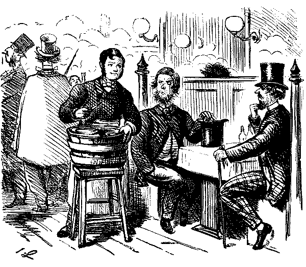 Fishmonger addressing hirsute men.