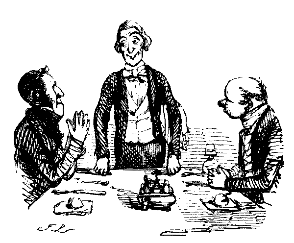 Waiter speaking to diners.