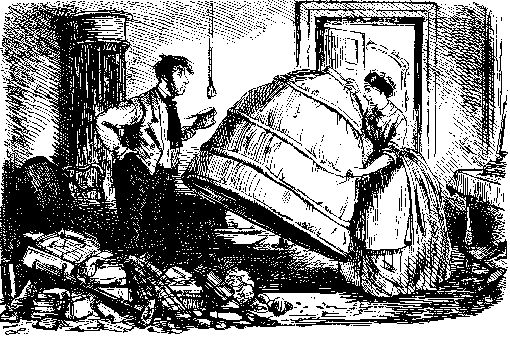 Maid offering a large crinoline for packing.