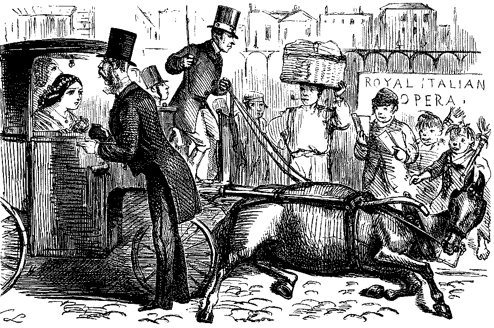 The horse drawing the carriage had fallen over.