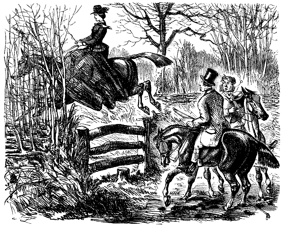 Mans horse balked at fence. Lady clears fence.