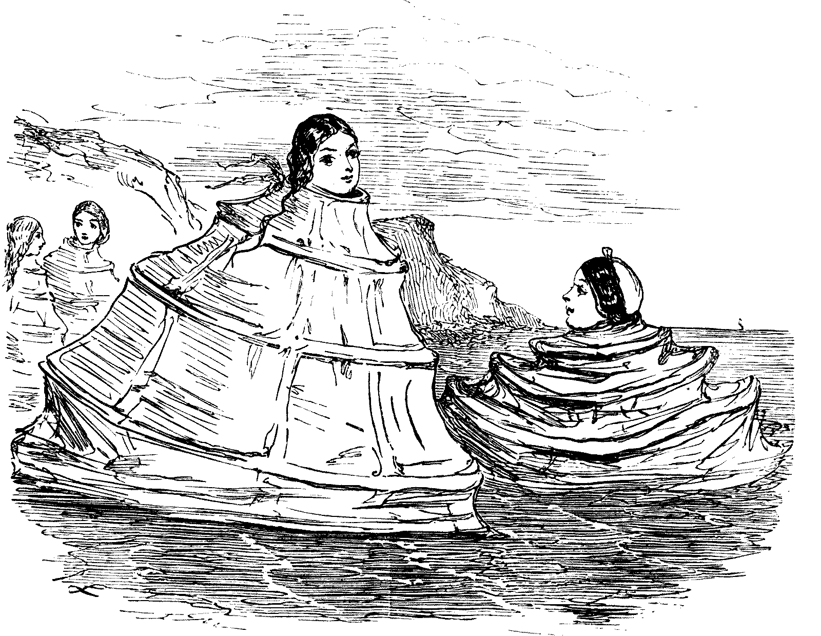 Lady bathing in a crinoline dress.