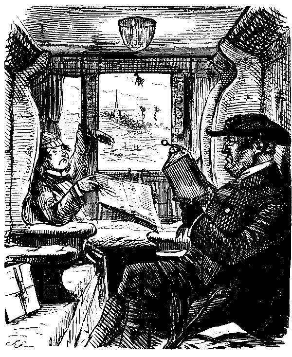 Two men in a railway carriage.
